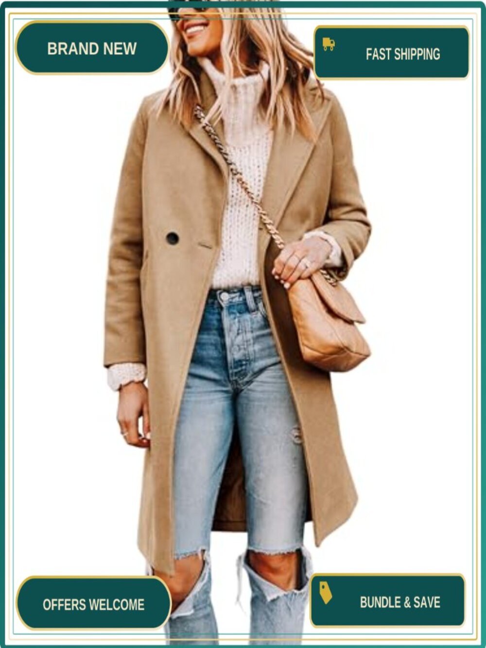 Wool Blend Pea Coat Long Sleeve Notch Collar Knee Length Trench